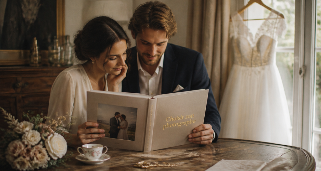 comment choisir son photographe de mariage, couple regardant album
