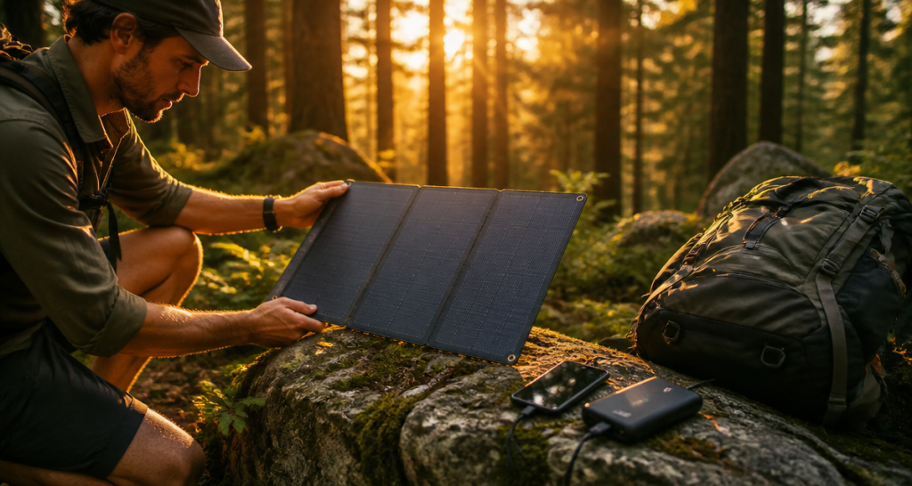 meilleur chargeur solaire portable posé sur un rocher en forêt