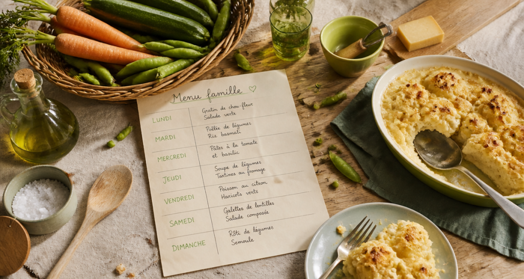 Menu famille semaine sur table avec légumes et gratin