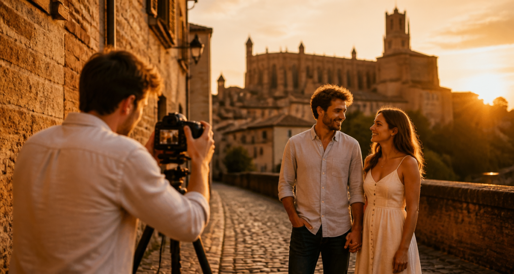 photographe albi avec couple devant cathédrale Sainte-Cécile