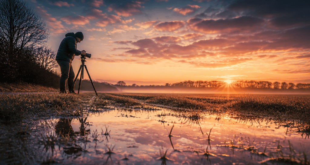 Photographier lever de soleil trépied champ