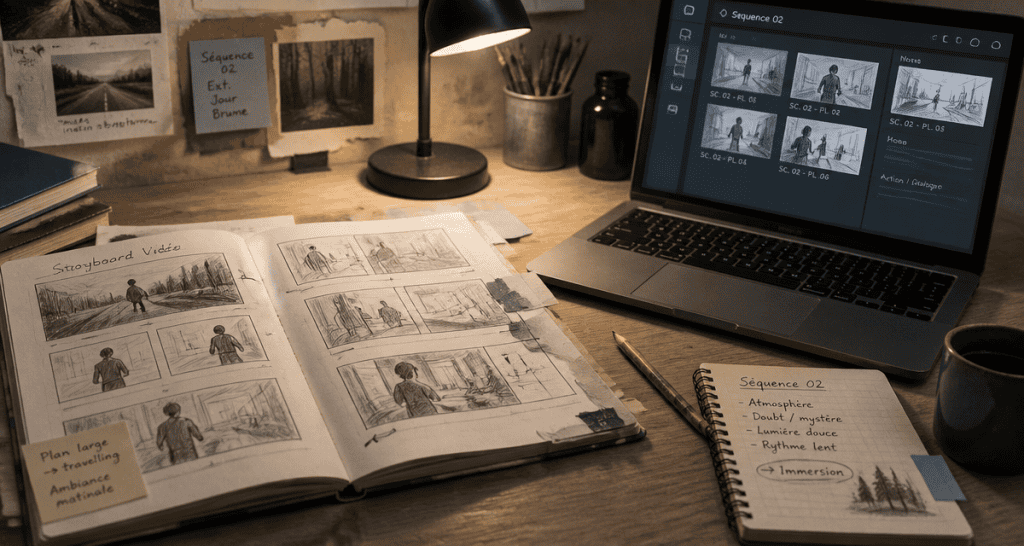 qu est ce qu un storyboard sur bureau créatif avec carnet et ordinateur