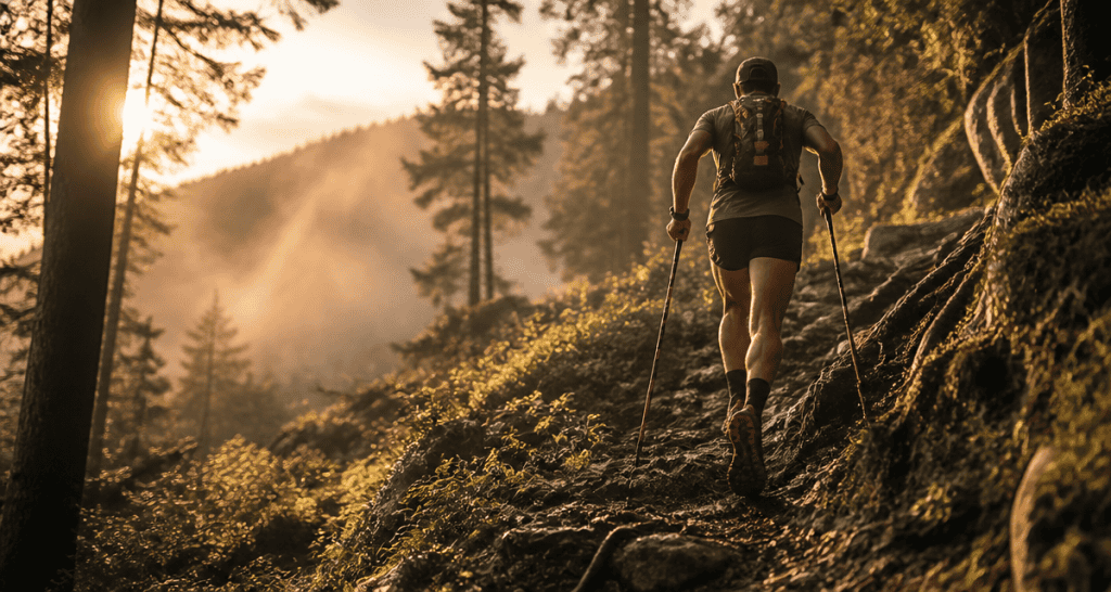 Running trail sur sentier escarpé en forêt
