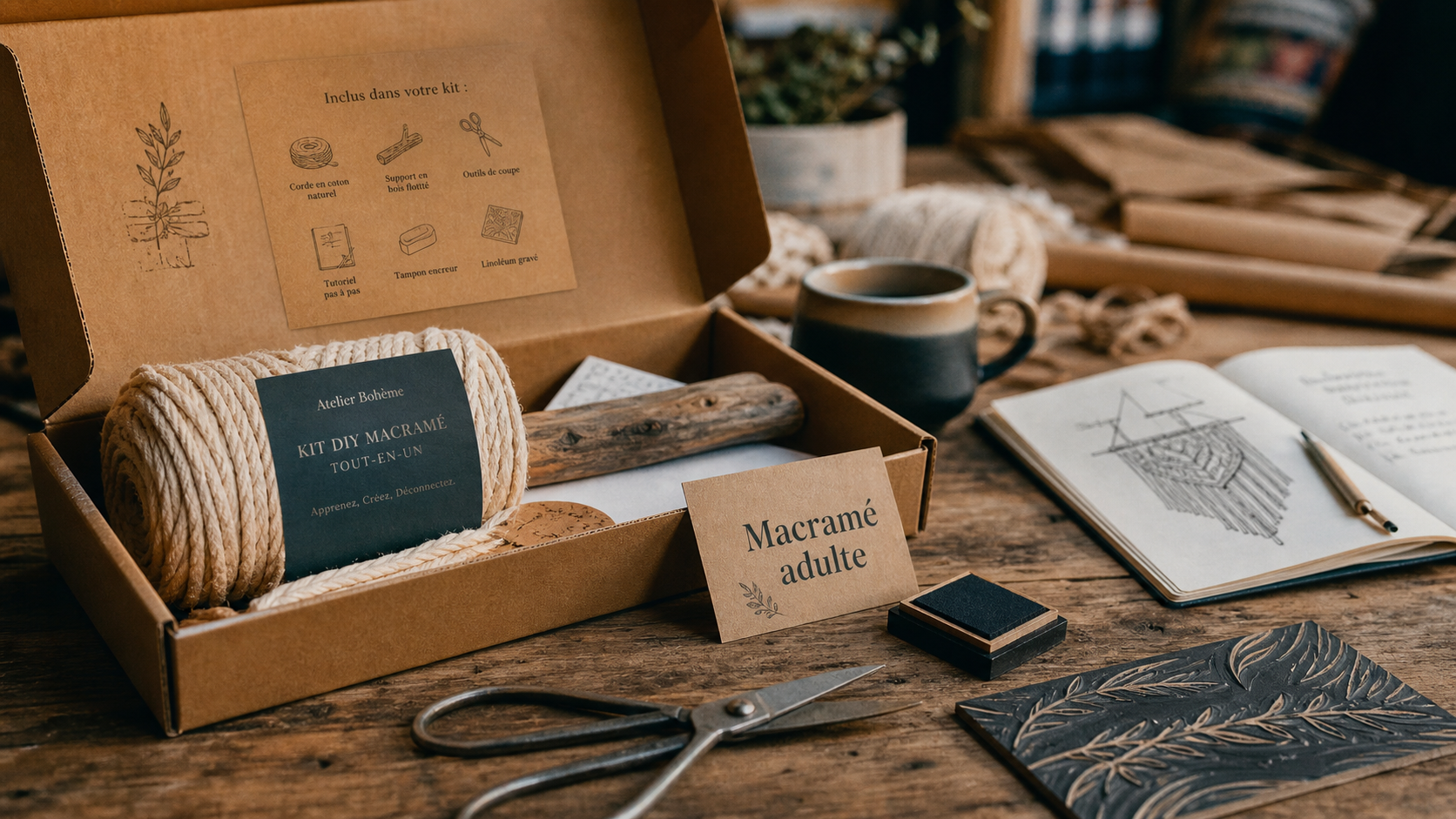 Activité manuelle adulte : kit DIY macramé sur établi, corde et ciseaux