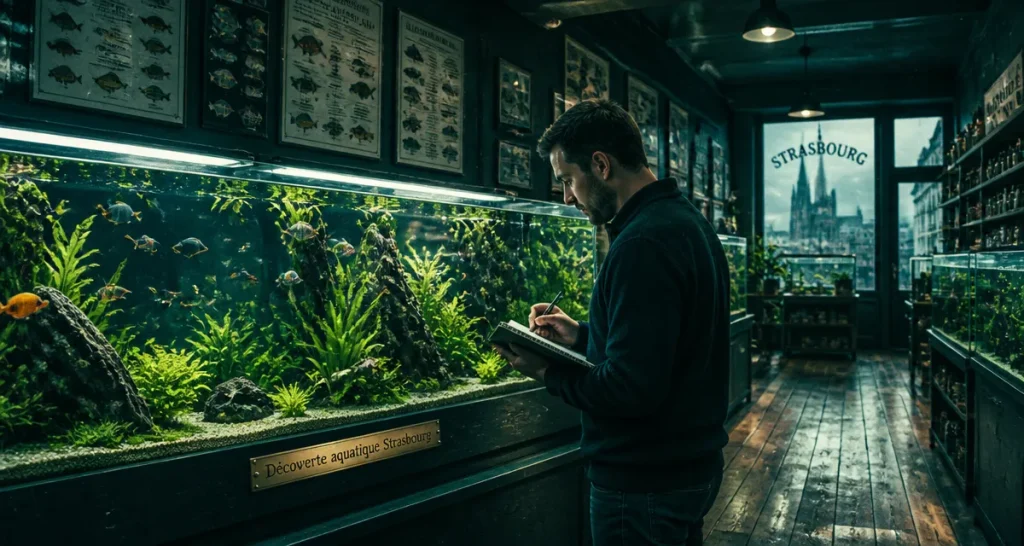 Aquarium Strasbourg avec poissons tropicaux et passionné observant