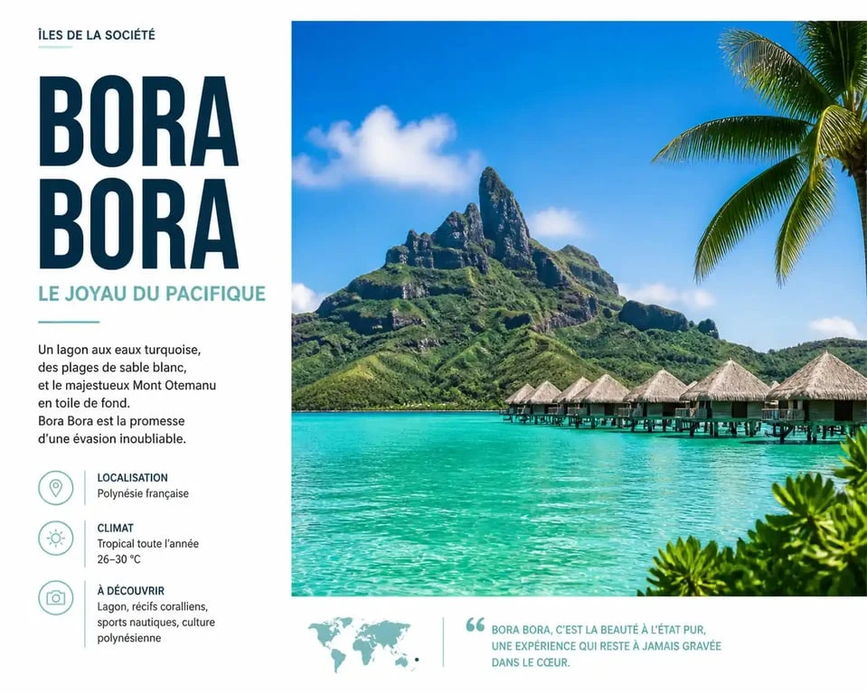 Paysage emblématique de Bora Bora avec le Mont Otemanu et le lagon turquoise
