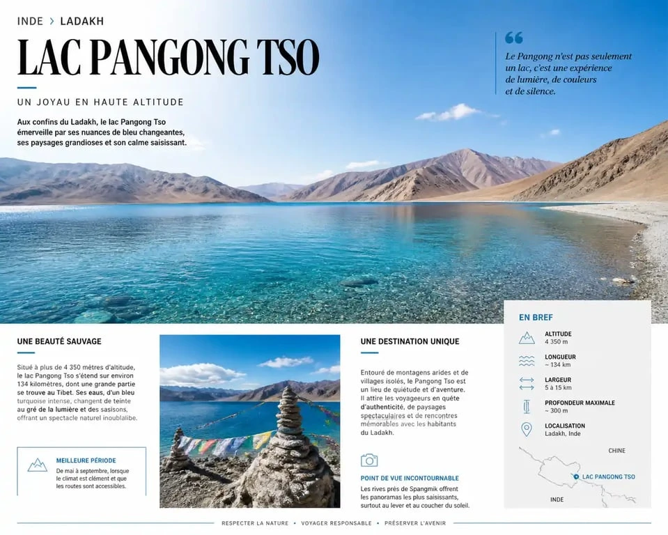 Paysage spectaculaire du lac Pangong Tso, un exemple emblématique de la beauté des paysages en Inde.