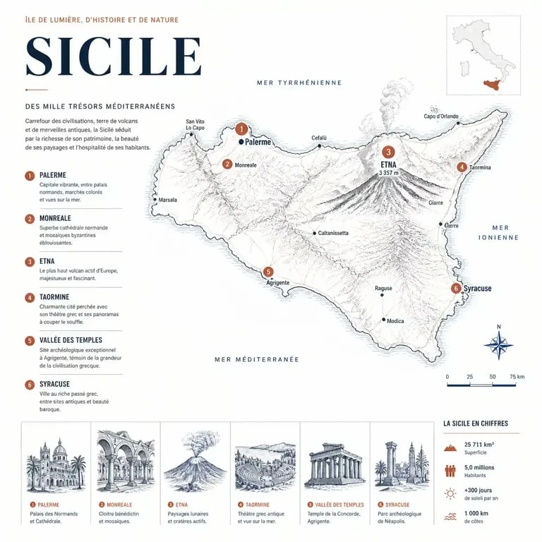 Carte touristique de la Sicile illustrant les principaux sites et régions pour préparer son voyage
