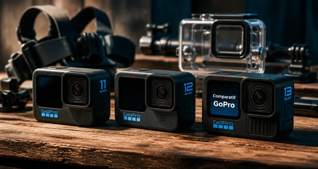 gopro comparatif Hero 11 12 13 sur table avec accessoires