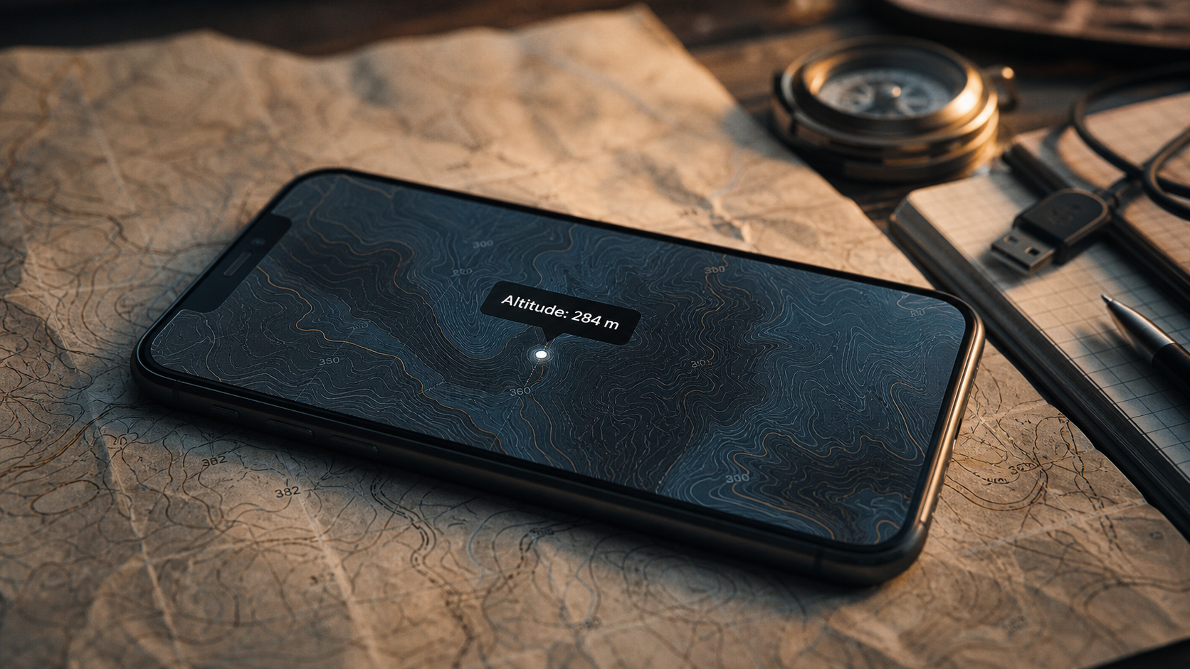Map altitude : smartphone sur carte topographique, altitude 284 m