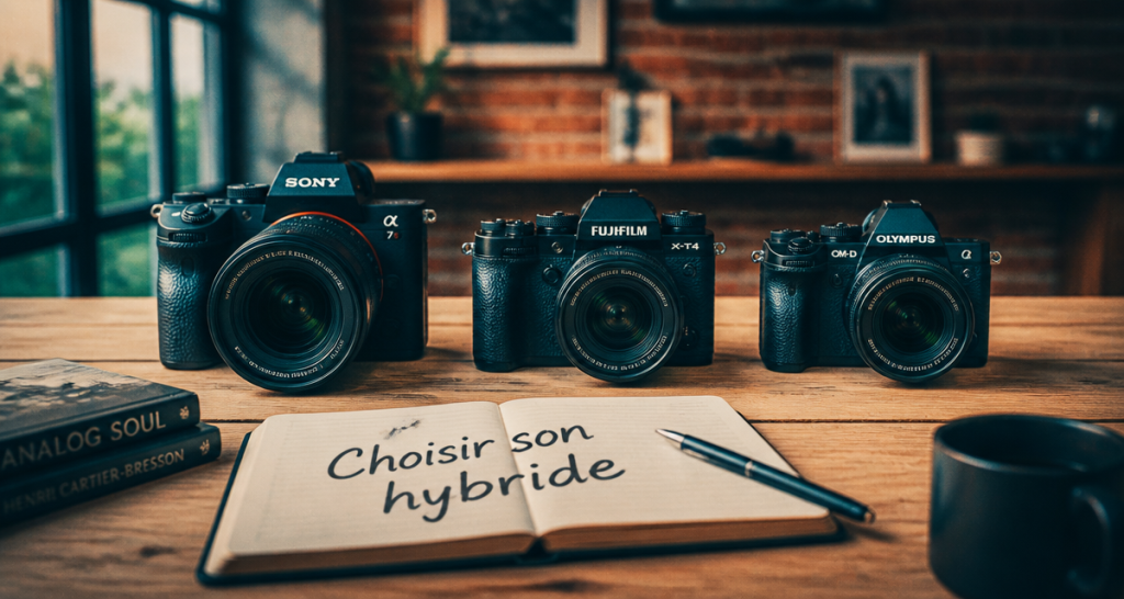 meilleur appareil photo hybride sur table en bois