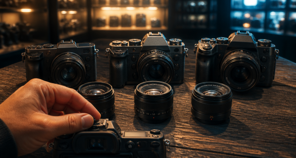 meilleur appareil photo hybride moins de 1000 euros trois modèles sur table