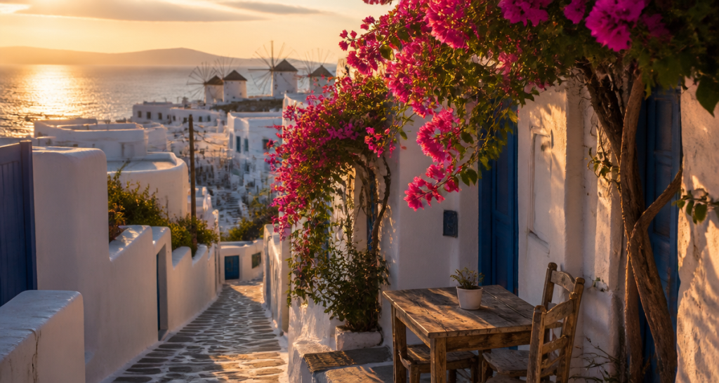 mykonos visite ruelle chora bougainvilliers