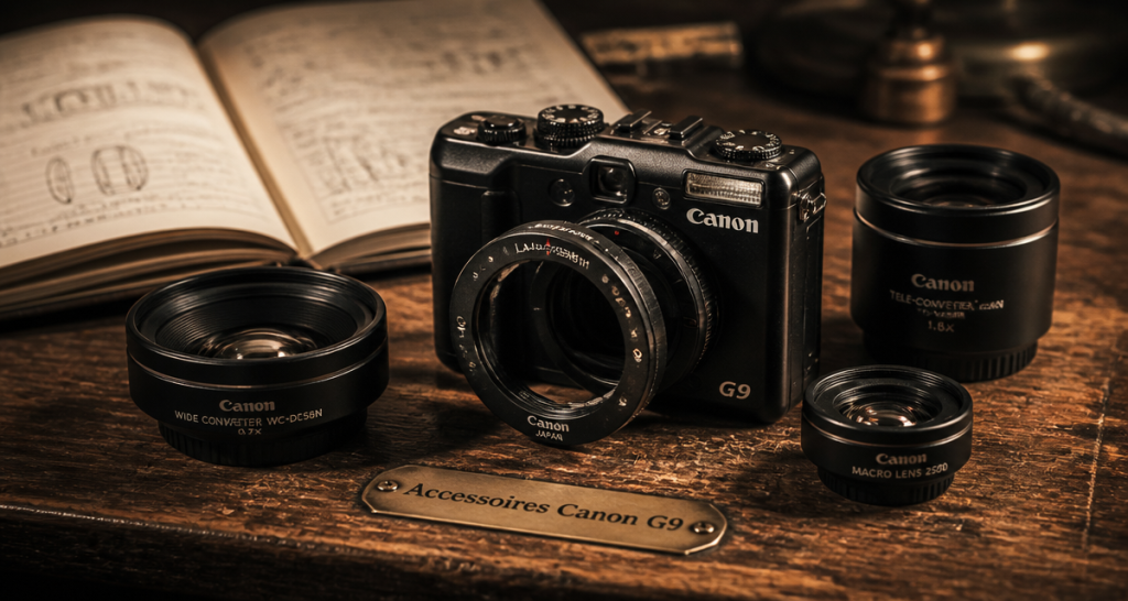Objectif pour Canon G9 posé avec accessoires