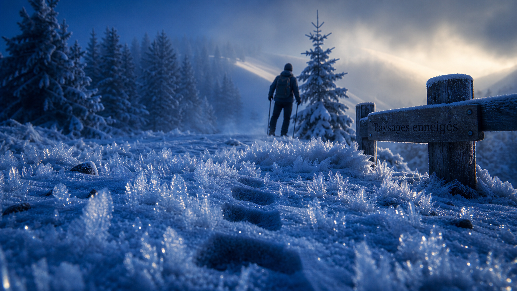 Paysages enneigés : sentier au givre, sapin et forêt