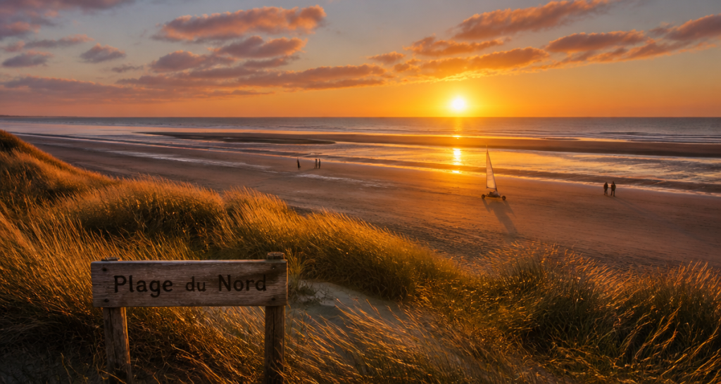 Plage du Nord, dunes et char à voile au coucher du soleil
