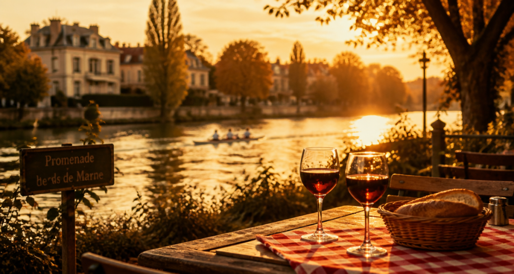 Promenade des bords de Marne, table de guinguette et rivière