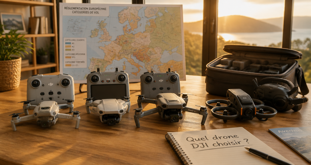 quel drone dji choisir, quatre modèles alignés sur table