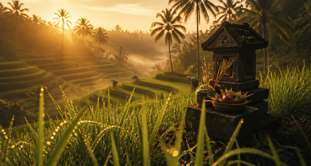 Tegallalang rice terraces at sunrise with farmers and palm trees
