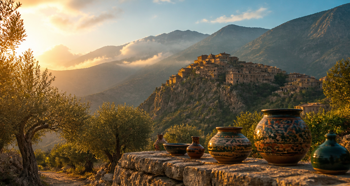 Village kabyle en Petite Kabylie avec oliviers et montagnes