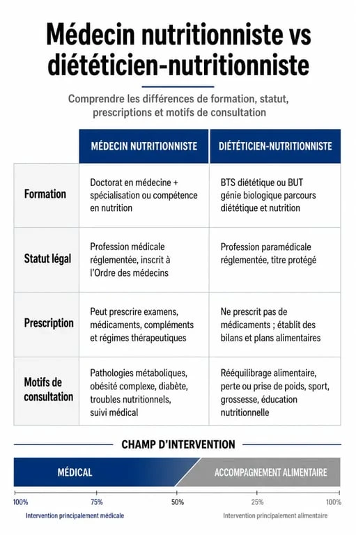 Infographie comparative des différences entre diététicien et nutritionniste : formation, statut et rôle médical.