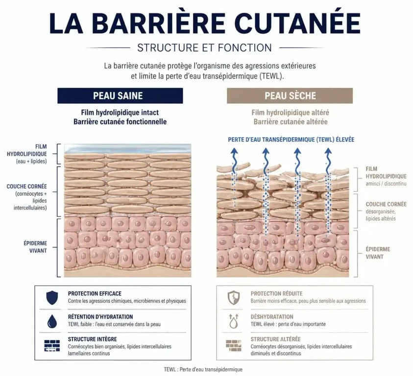 Schéma explicatif de la barrière cutanée et de la peau sèche pour comprendre l'importance d'une crème pour peau sèche