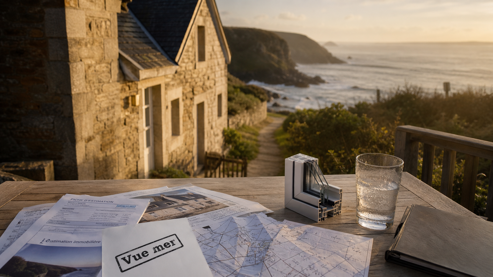 Maison en bord de mer en bretagne, vue mer partielle depuis la terrasse