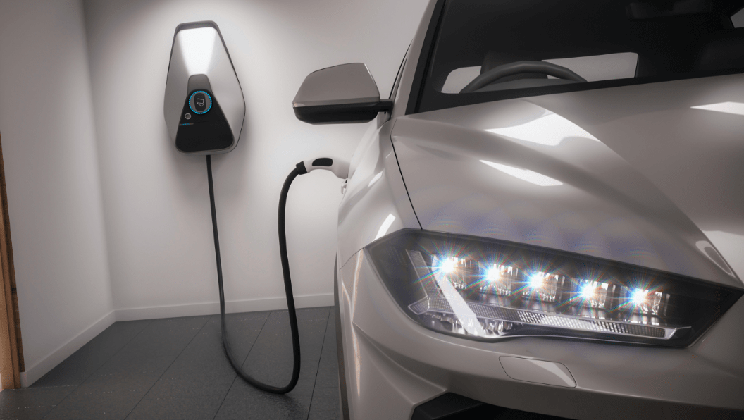 Modern electric vehicle charging station connected to a car.