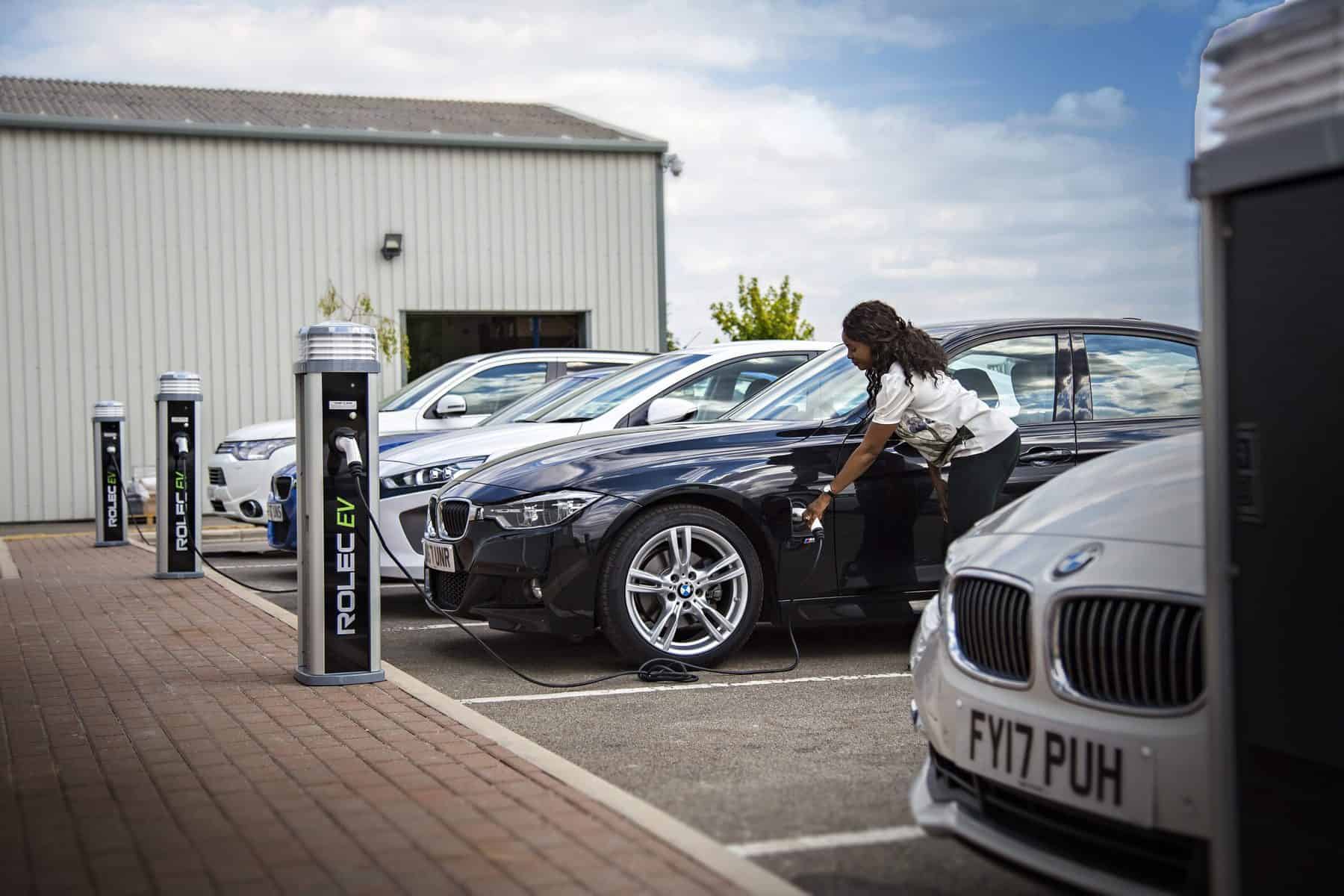 EV charging point for electric vehicles at a commercial parking area in Stockport.