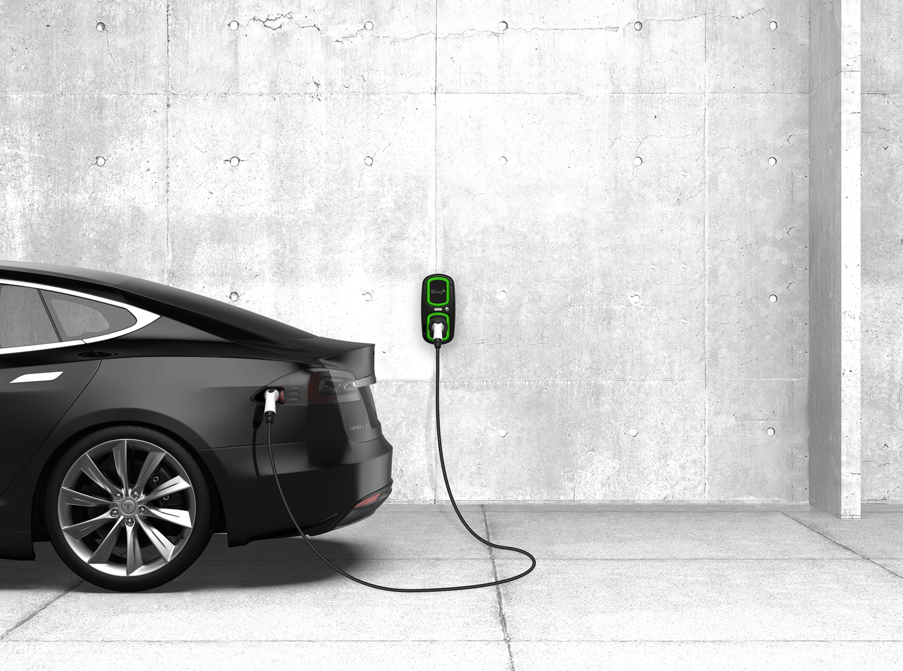 Home EV charging station connected to electric car for sustainable energy use.