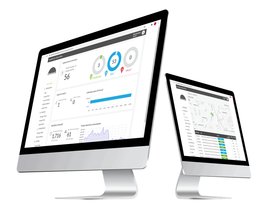 EV charging management software interface for commercial back office solutions.