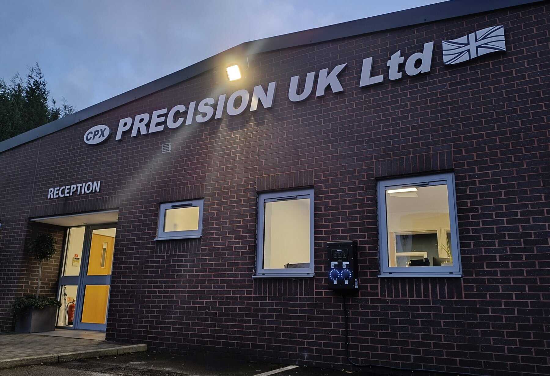 EV charging station at Precision UK Ltd facility for commercial electric vehicle charging.