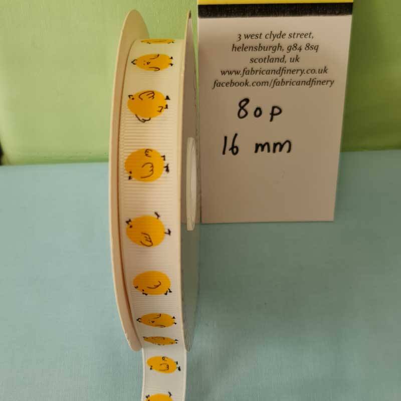 Easter Ribbon 16mm little yellow chicks on white grosgrain