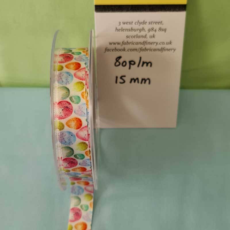 Easter Ribbon 15mm - Painted Eggs on White Satin Ribbon