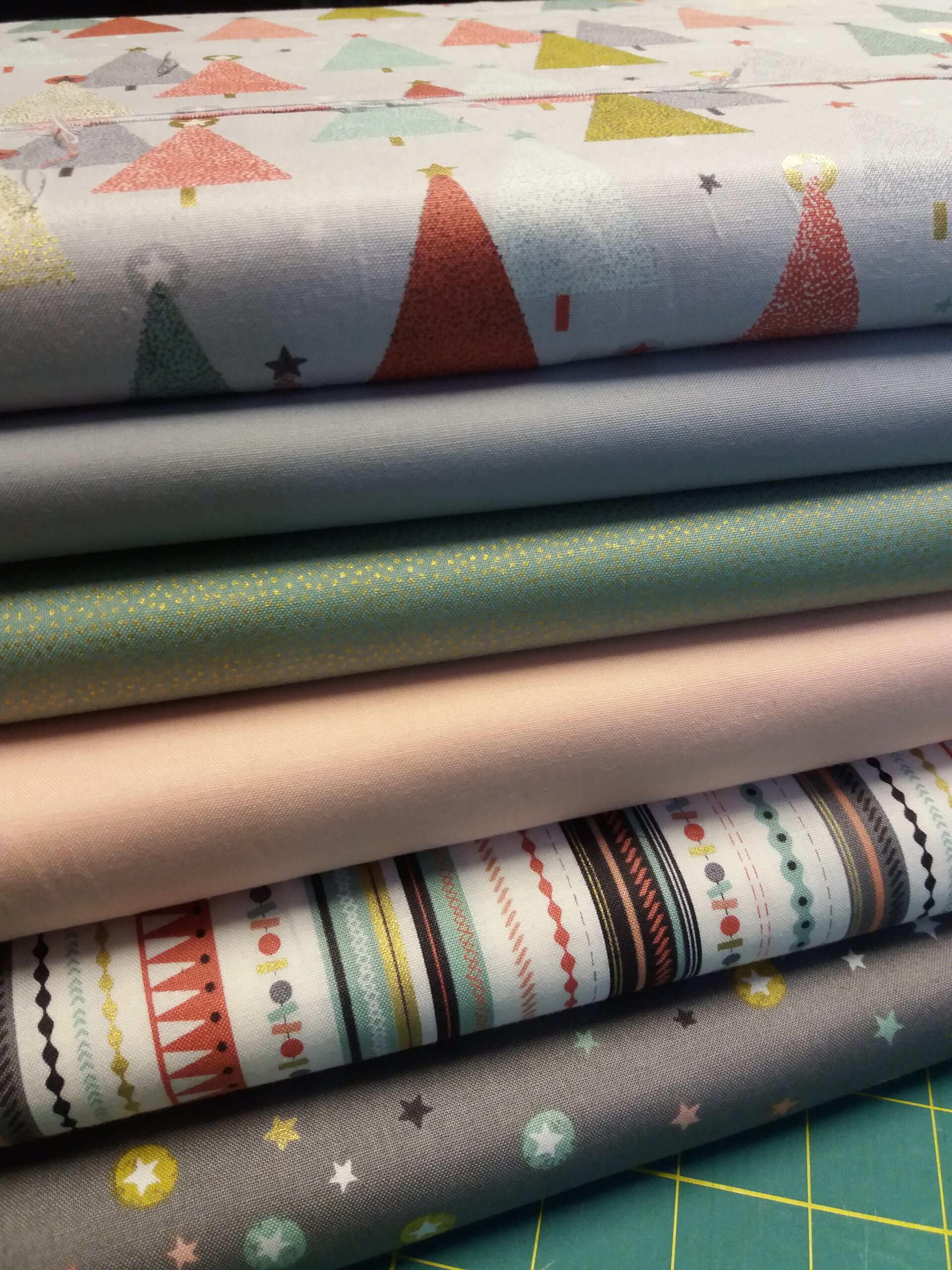 5 inch roll bundle Christmas Eau de Nil, Soft Coral, Grey, Gold Metal, Ivory, Baubles, Trees, 7 strips full width 44" - Image 2