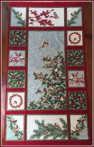 Chickadees & Berries for Benartex LLC Winter time Birds Quilt Panel Wine Ivory Holly