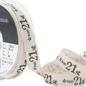 Happy 21st (Birthday) Ribbon Black on Cream 15mm per 1/2 metre