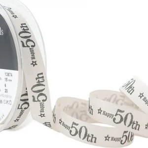 Happy 50th (Birthday) Ribbon Black on Cream 15mm per 1/2 metre