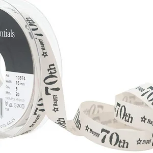 Happy 70th (Birthday) Ribbon Black on Cream 15mm per 1/2 metre