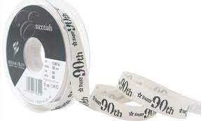 Happy 90th (Birthday) Ribbon Black on Cream 15mm per 1/2 metre