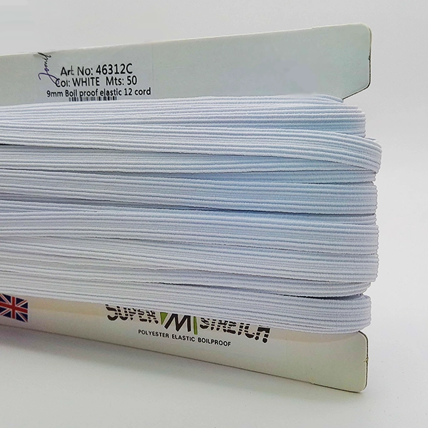 Elastic, boil proof, corded, 9mm, white, per metre
