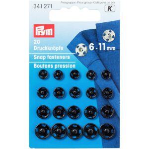 Prym Sew-on Metal Snaps - Black - 5 each of 4 sizes: 6,7,9,11mm