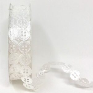 Satin Laser Cut Ribbon, Button Motif, 15mm, White, per metre