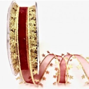 Star edged cutout organza 25mm Ribbon - Red/Gold - per metre