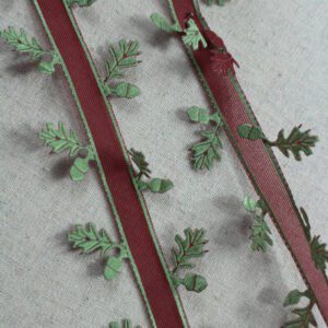 Acorn and Leaves 38mm Ribbon - Green/Burgundy - per metre *