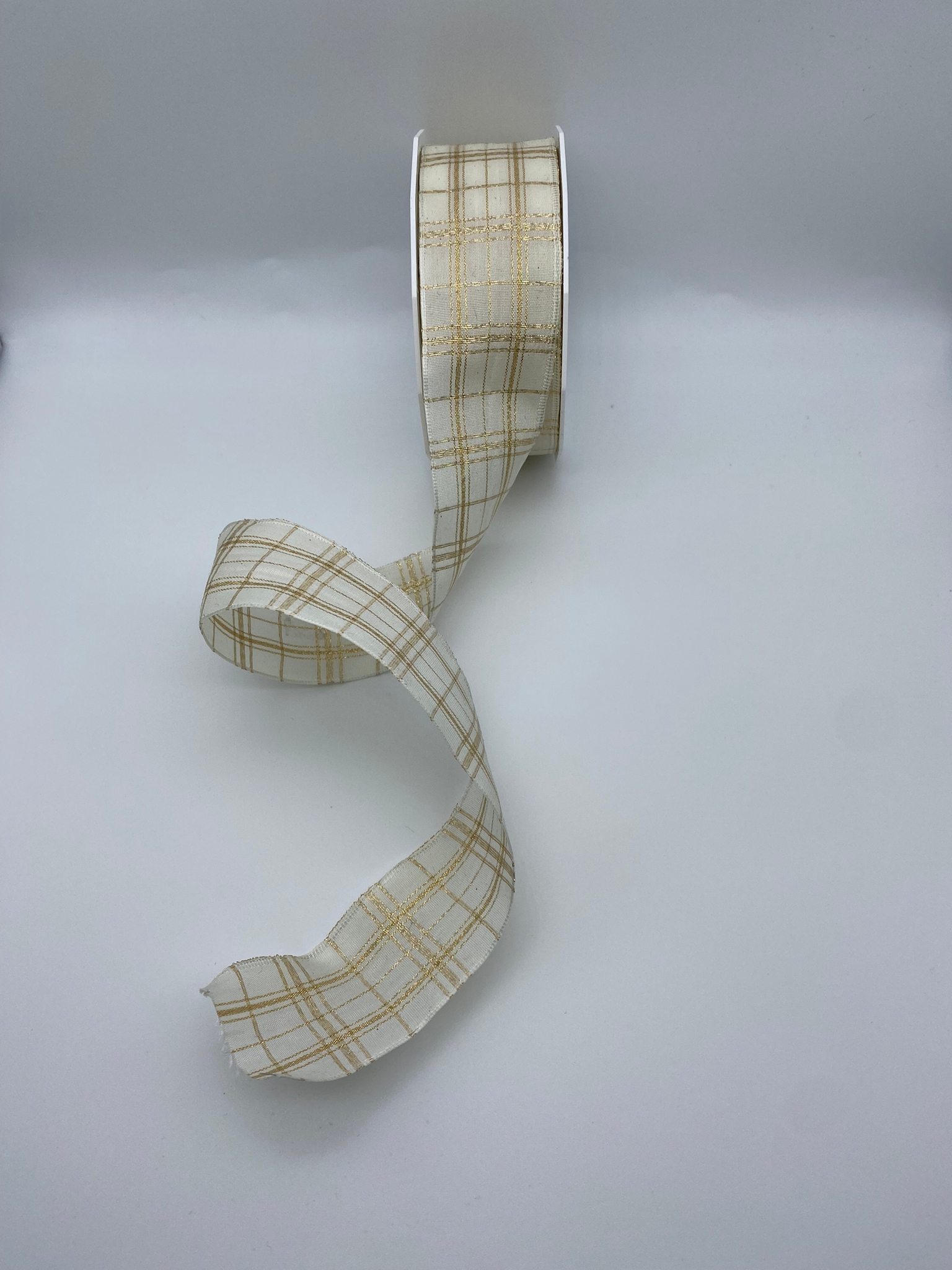 Gold and Cream Tartan Ribbon, check, christmas - 40mm - per metre *