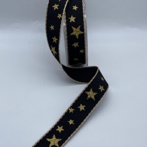 Gold stars on Black Ribbon - 25mm - per metre *