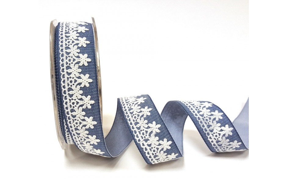 Lace Print Cotton Ribbon - 25mm - Blue/white - per metre