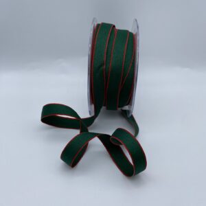 Green with red trim cotton ribbon - 9mm - per metre