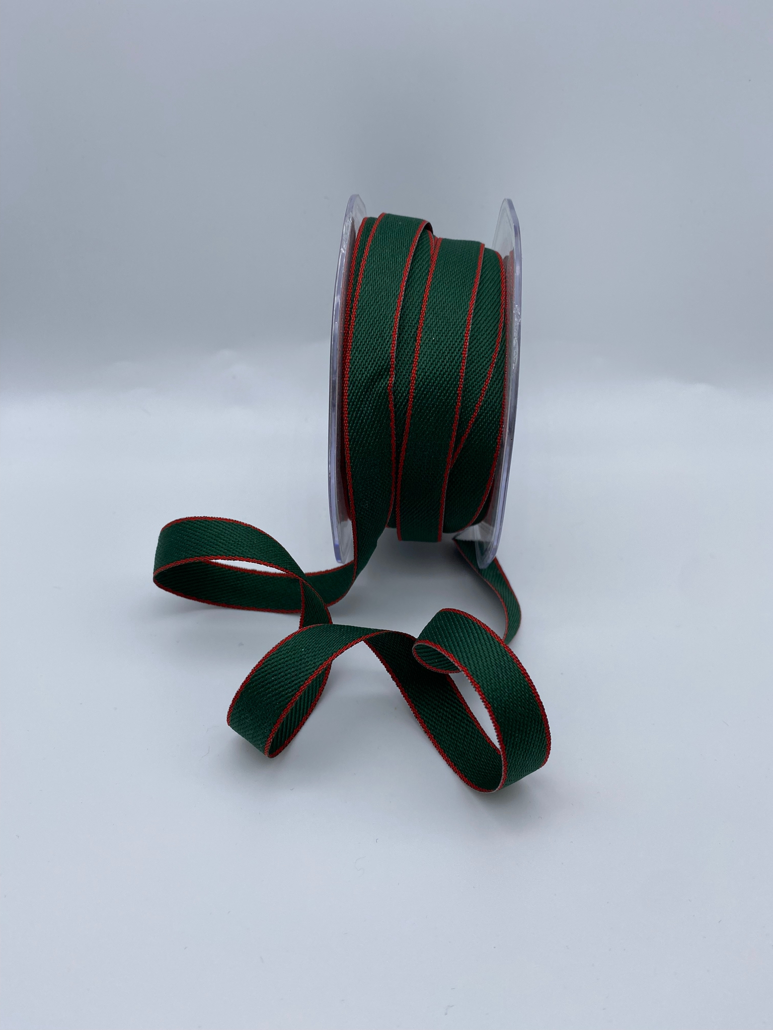 Green with red trim cotton ribbon - 9mm - per metre